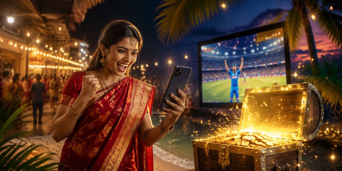 Traditional Indian woman playing online slot games on mobile device