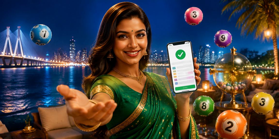 A vibrant Mumbai street scene with lottery posters and traditional saree clothing